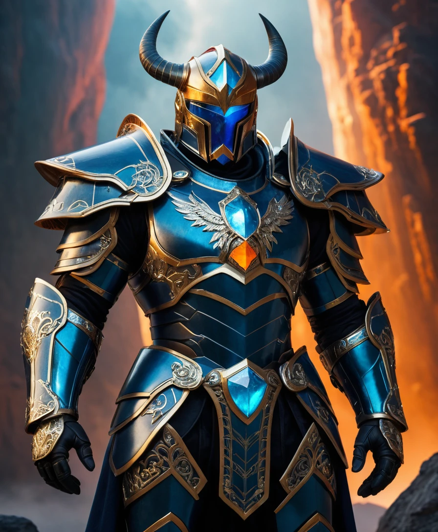 Celestial horned warrior with radiant core and galaxy wings