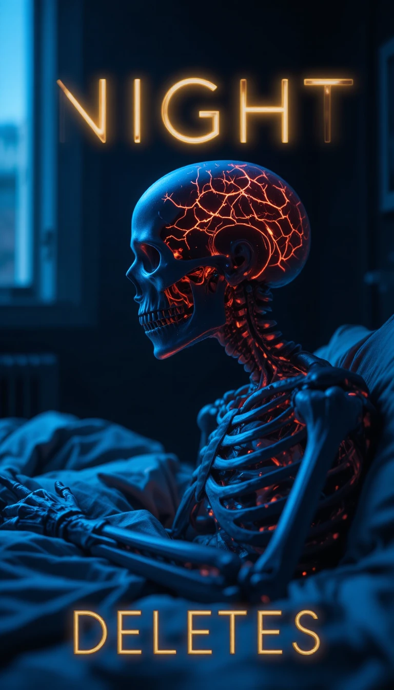 Low angle view of glowing indigo skeleton resting in bed
