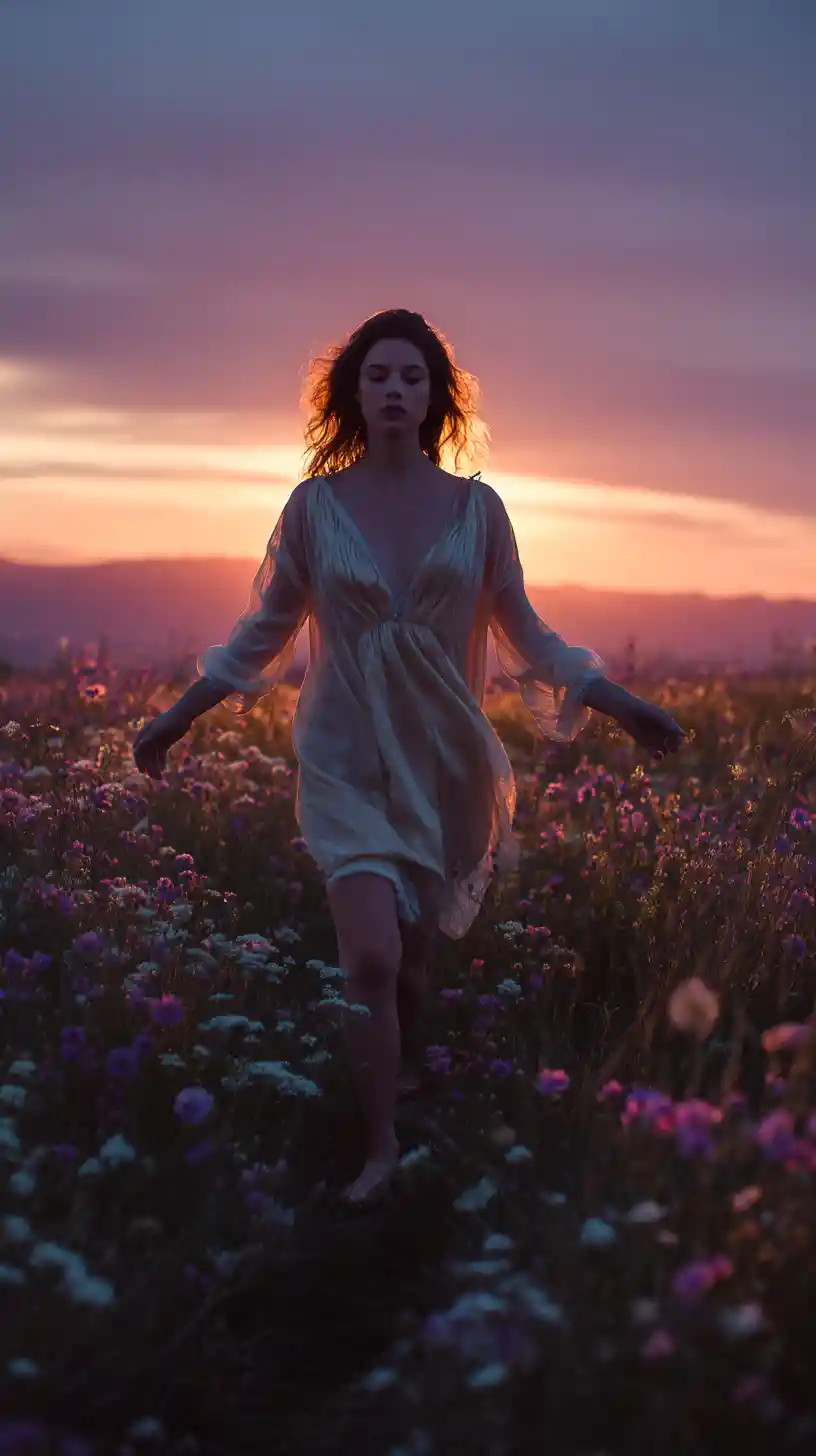 Woman walking through wildflower field at dusk in backlight
