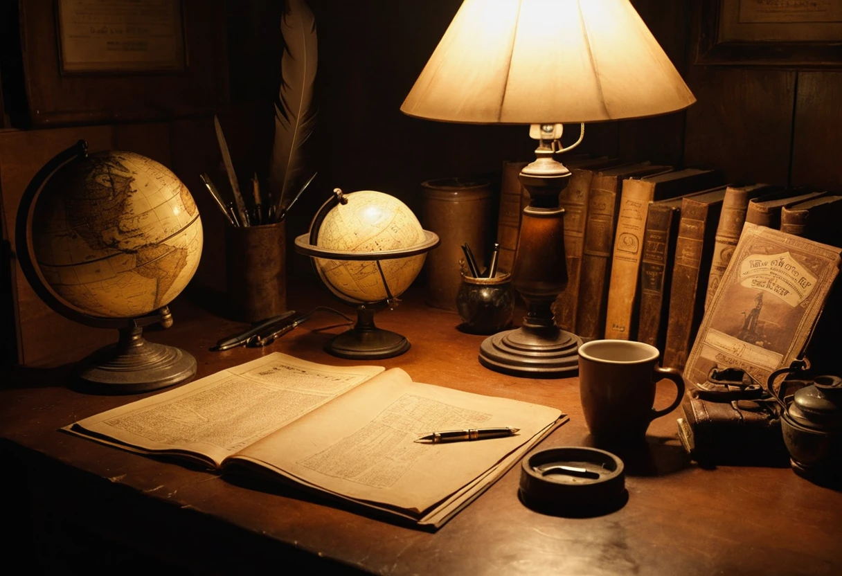 Cozy vintage office with man at desk and lamp