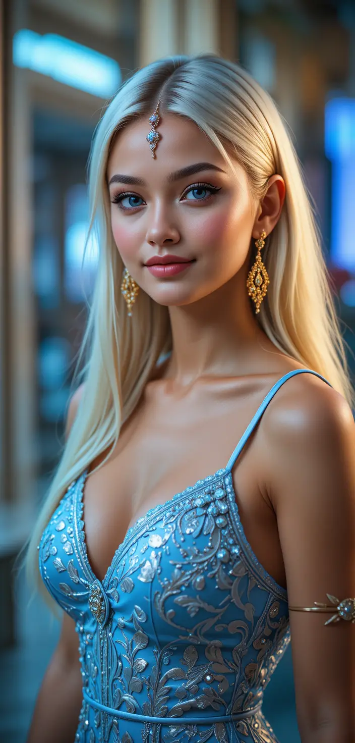 Porträt eines blonden Mädchens mit Bindi im bunten Studio-Licht