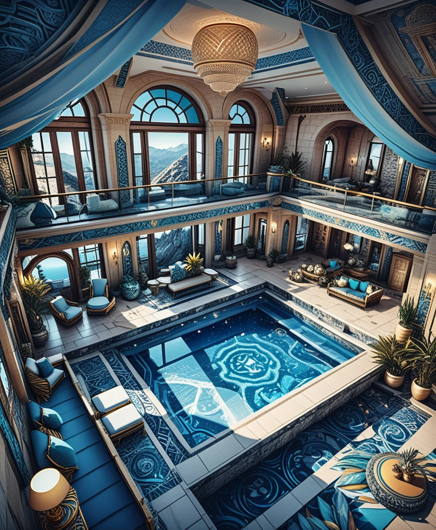 Luxury stone villa interior with celestial fantasy details