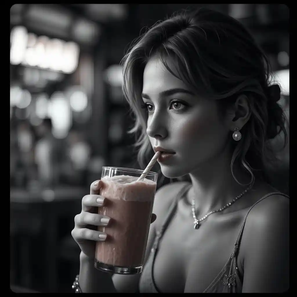 モノクロの中でカラフルなストロベリーシェイクを飲む女性