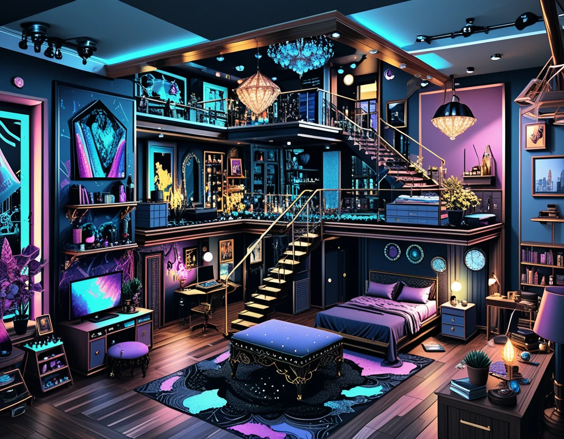 Isometric two story building with moody eclectic interior rooms