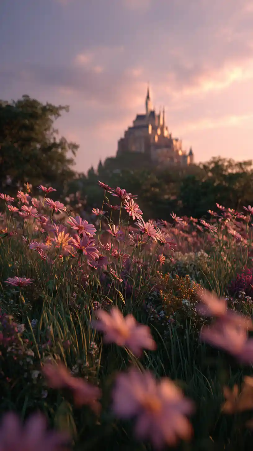 Blooming flower garden at dusk with distant castle view