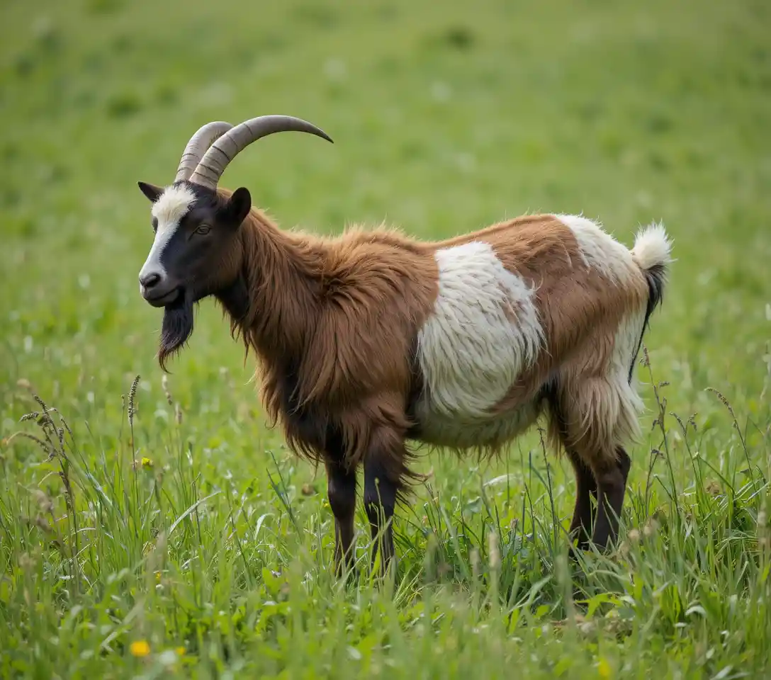 Brown and white goat standing on green grass meadow