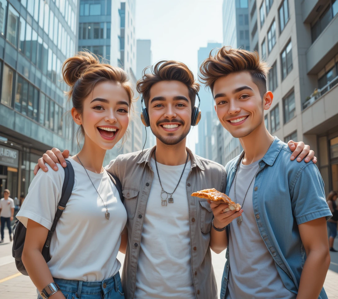 Young friends laughing together in a modern city setting