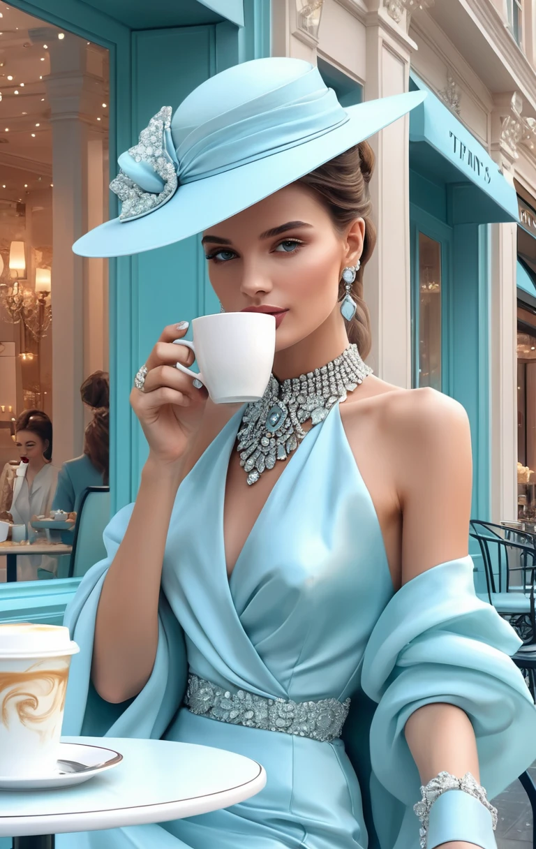 Chic woman in pastel blue outfit sipping coffee in city
