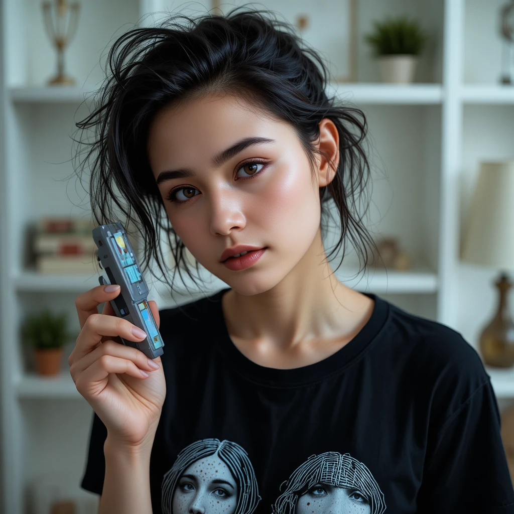 Analytical woman holding futuristic device in soft indoor light