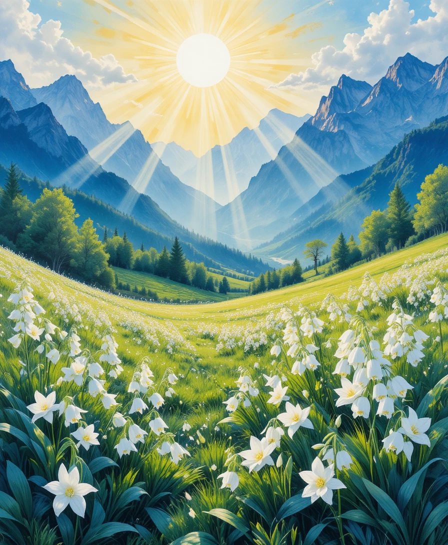 Sunlit meadow of white flowers with distant mountain view