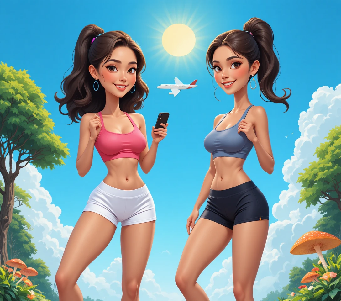 Two athletic women posing outdoors under a bright sunny sky