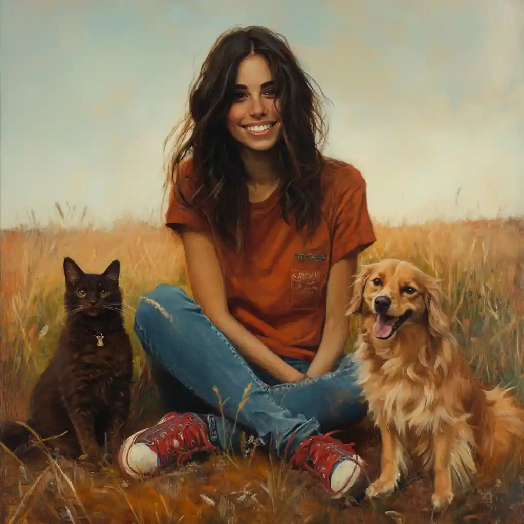 Young woman sitting in a field with dog and cat