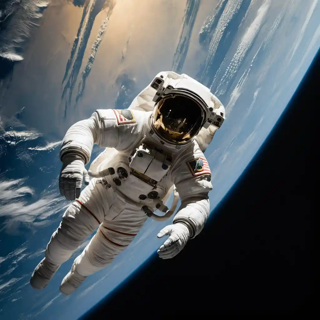 Astronaut Working On Space Shuttle Above Sunlit Earth