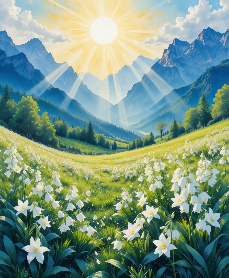Sunlit meadow of white flowers with distant mountain view