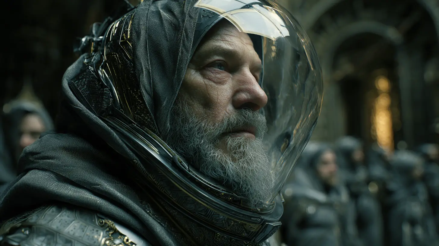 Elder space warrior in ceremonial hall with transparent helmet