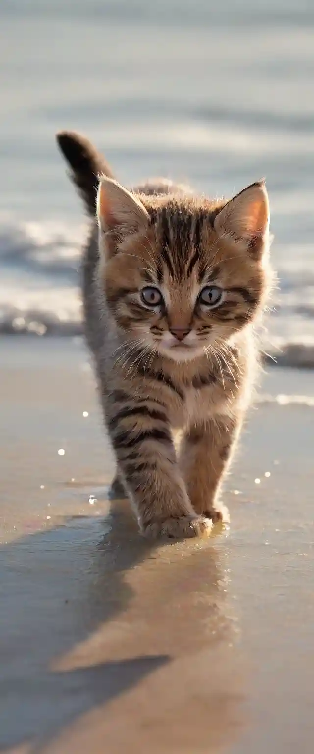 Kitten Walking In Dawn Surf On Quiet Sandy Shore