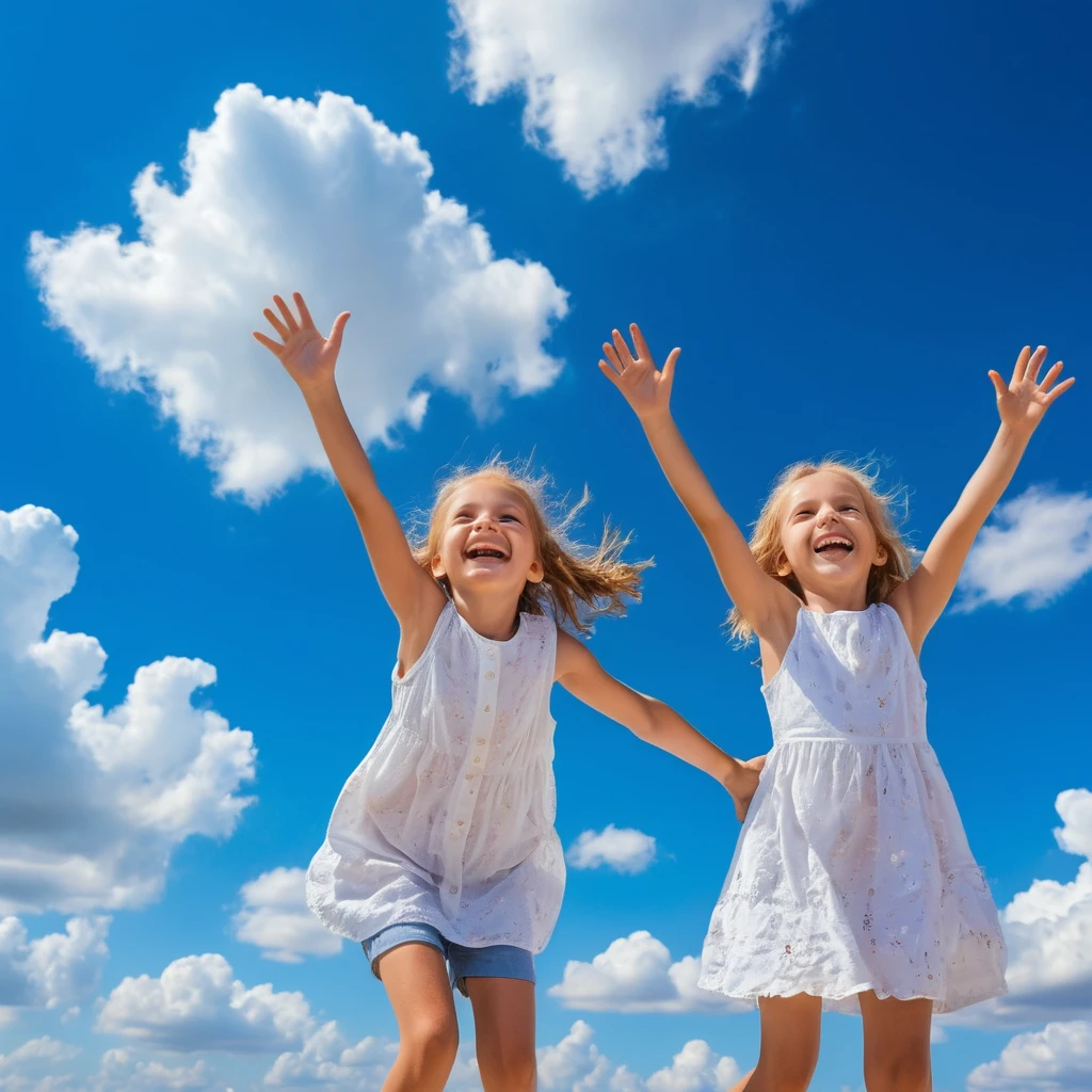 Joyful children flying freely across a bright blue sky