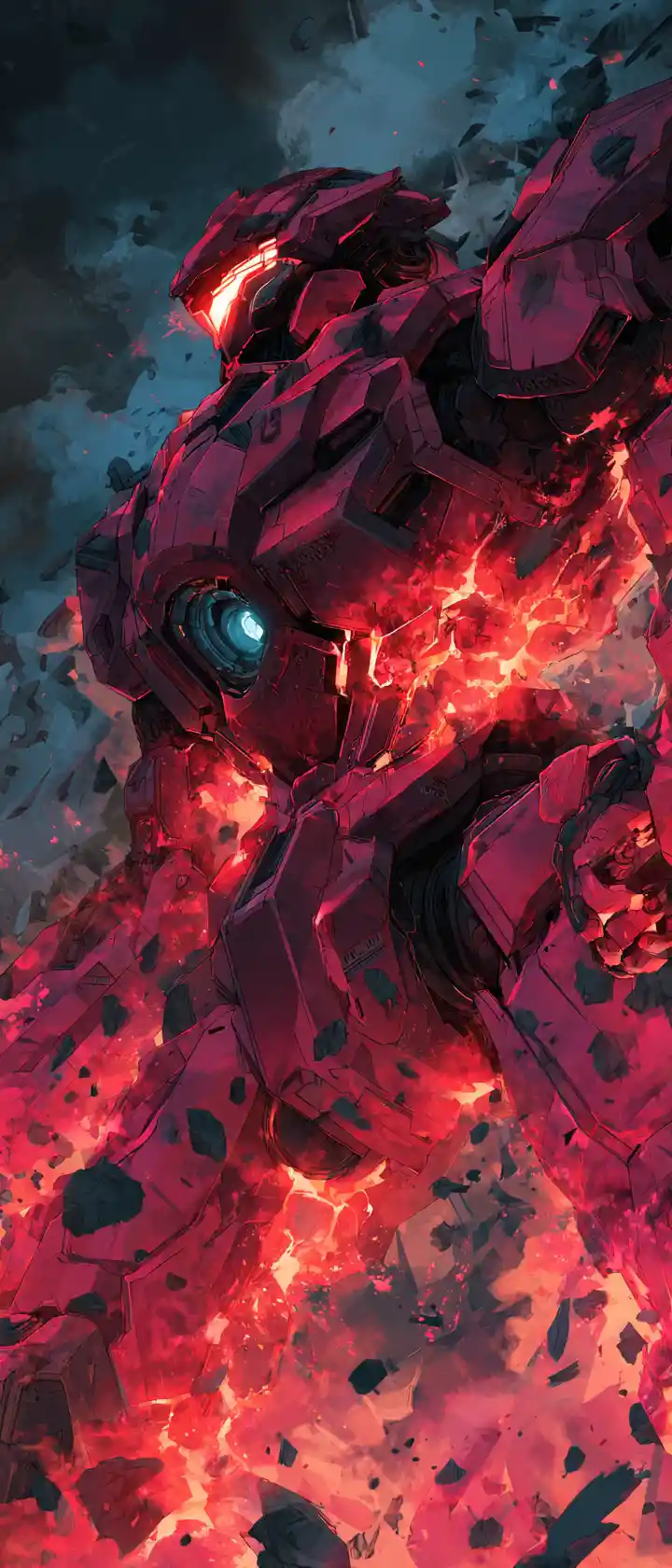 Anime mech pilot emerging from colossal robotic guardian