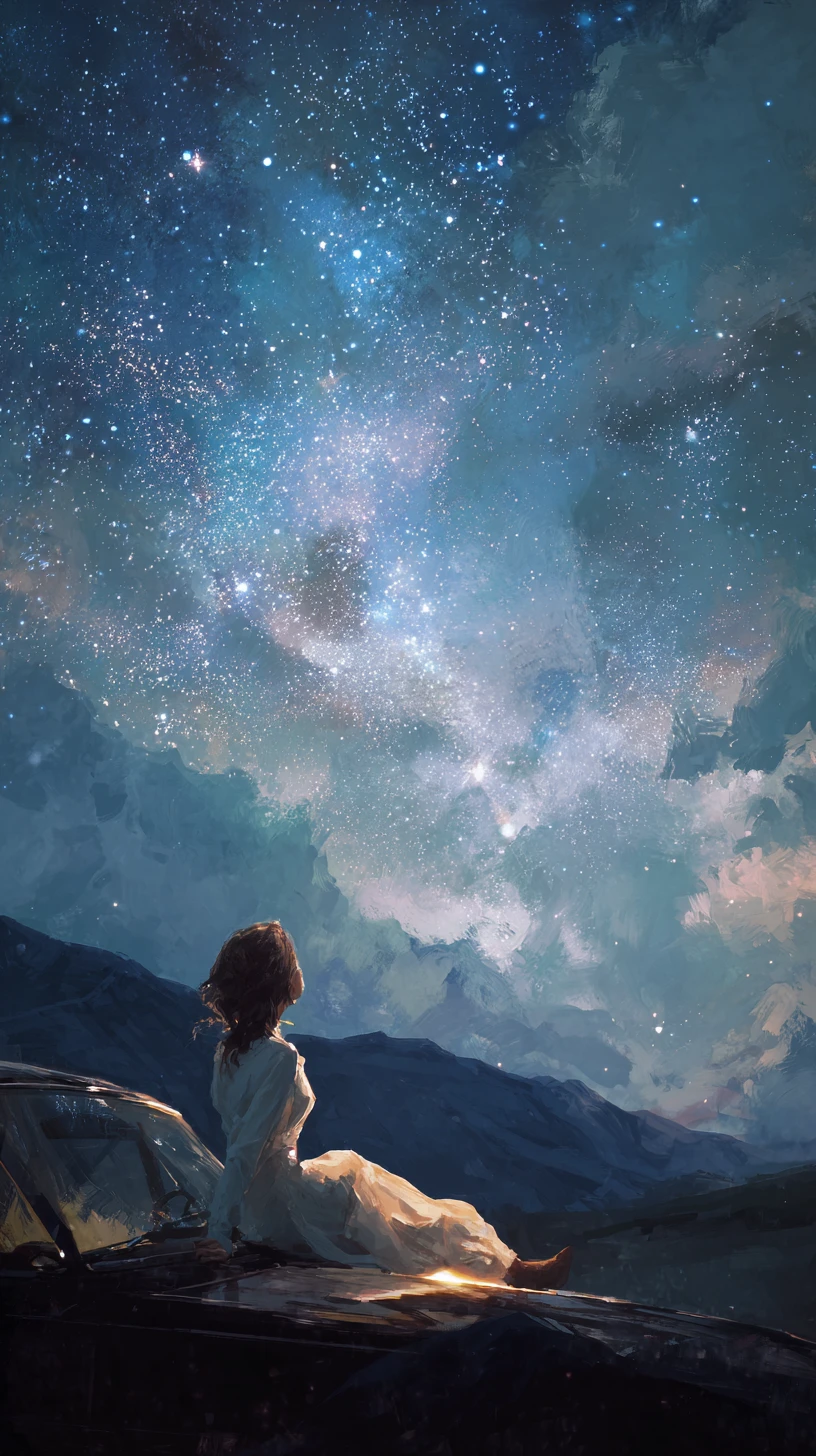 Couple Lying On Car Hood Under A Quiet Night Sky