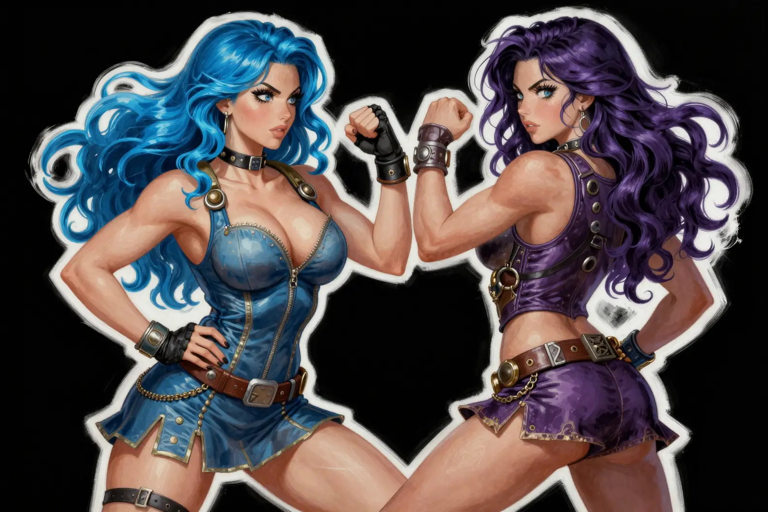 Two punk warrior women clashing in dynamic fighting poses