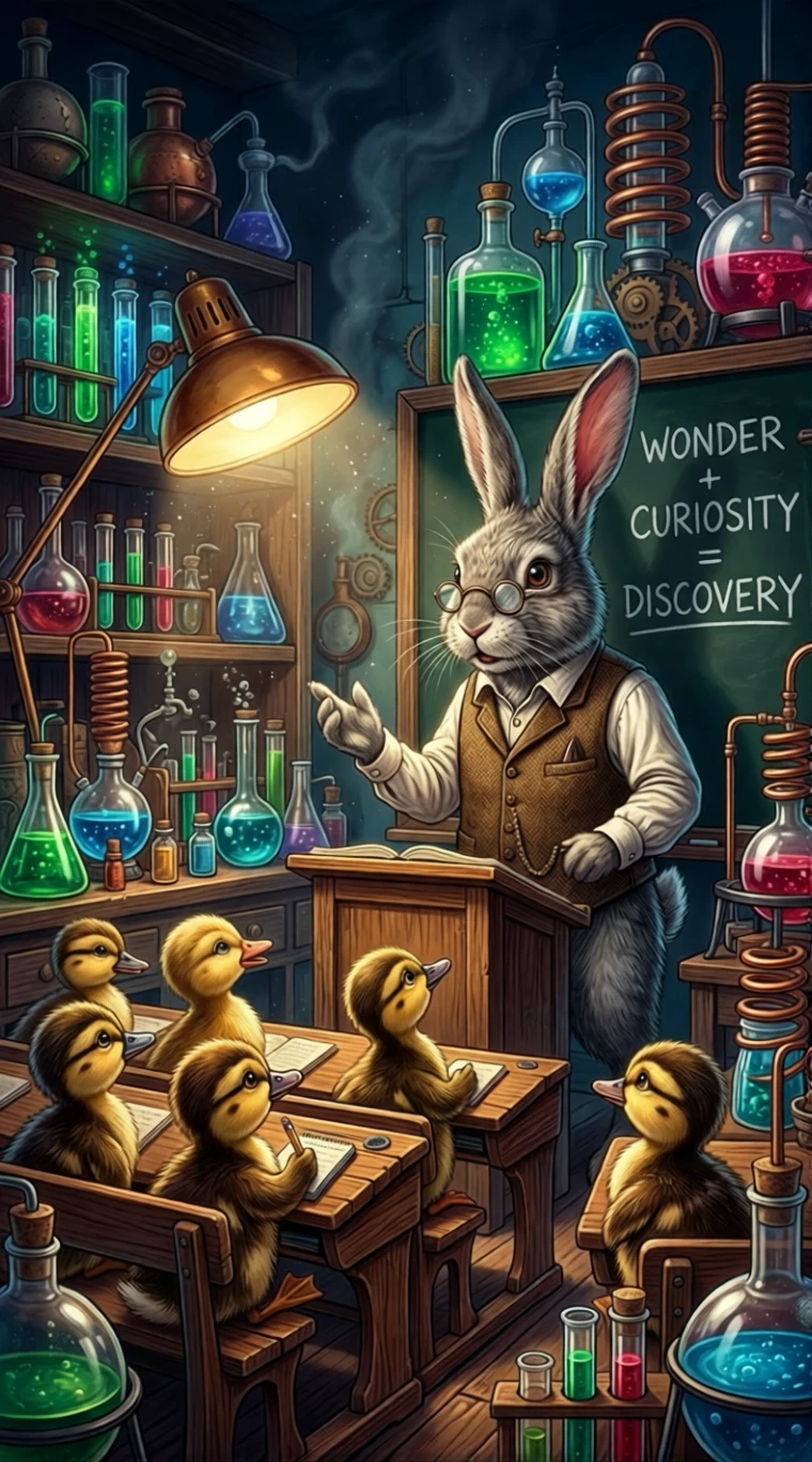 Rabbit professor teaching ducklings in a surreal glowing laboratory