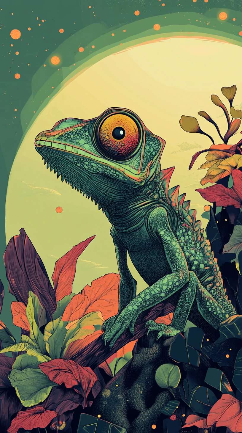 Chameleon Disguised In Geometric Alien Landscape Illustration