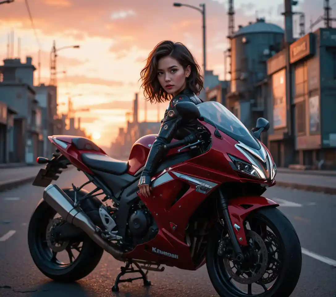 Red and white sport motorcycle parked by brick wall