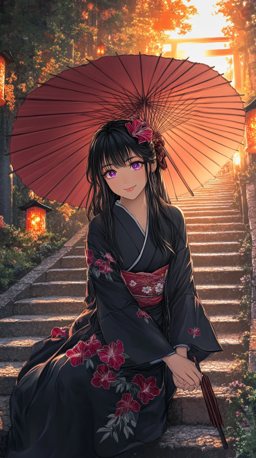 Anime girl in black kimono on twilight temple steps