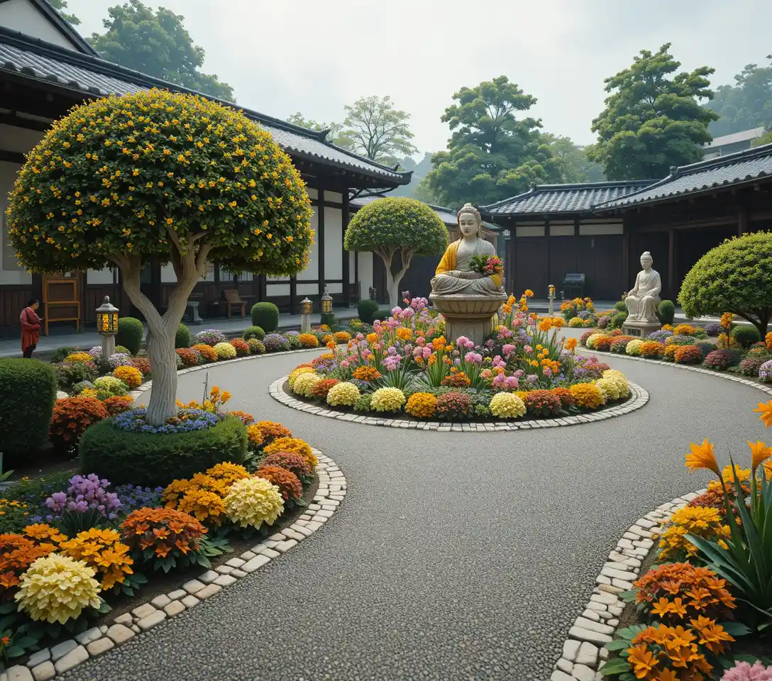 Japanischer Gartenhof mit Kiesweg und Statuen