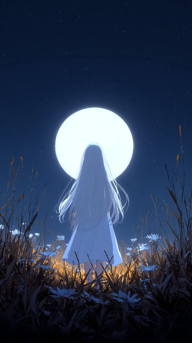 Woman with luminous white hair under a glowing full moon
