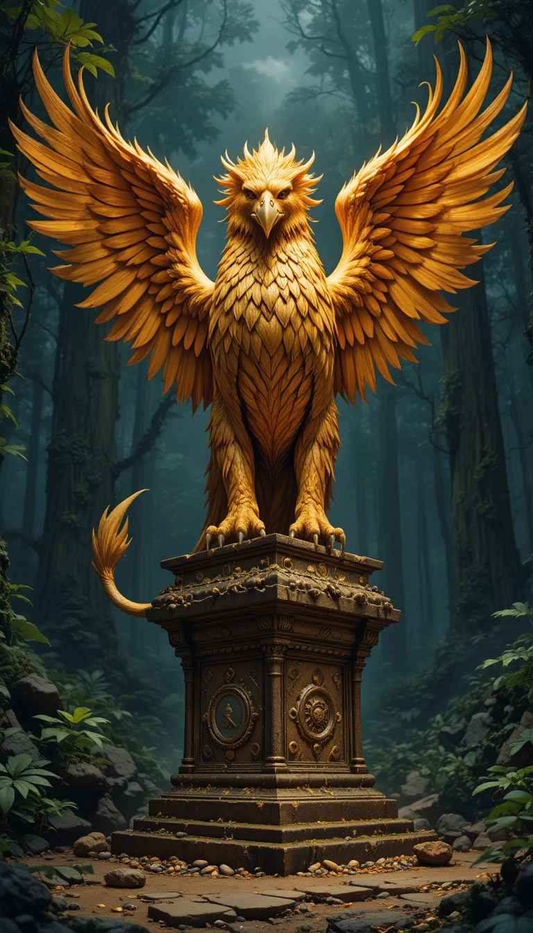 Golden griffin guarding ancient relics in forest clearing