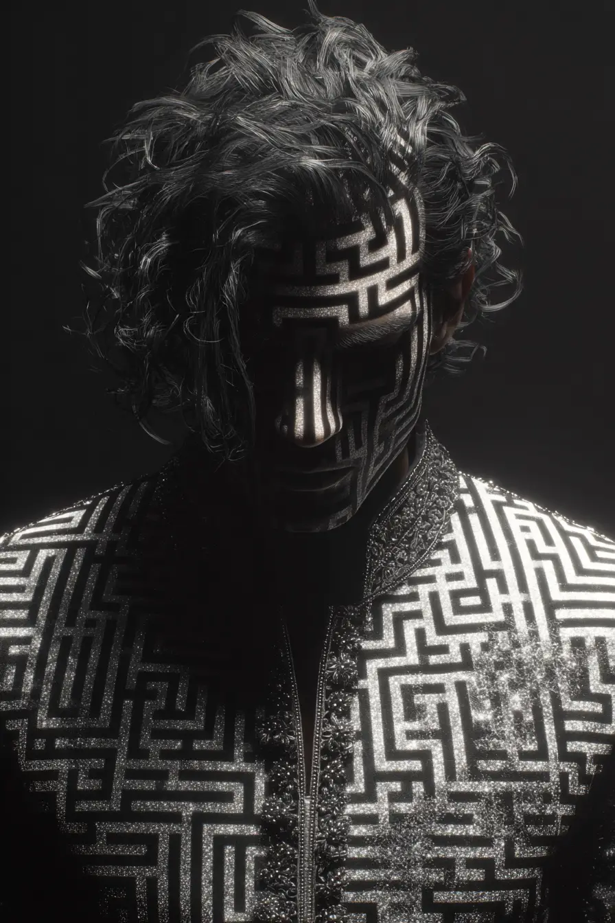 Surreal 3D maze portrait of an Indian male fashion model