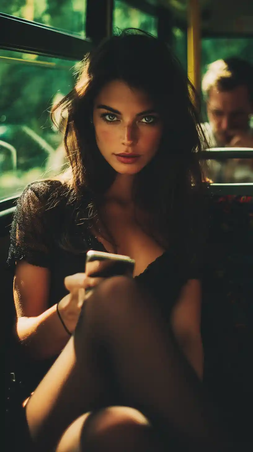 Woman on a morning bus absorbed in her smartphone