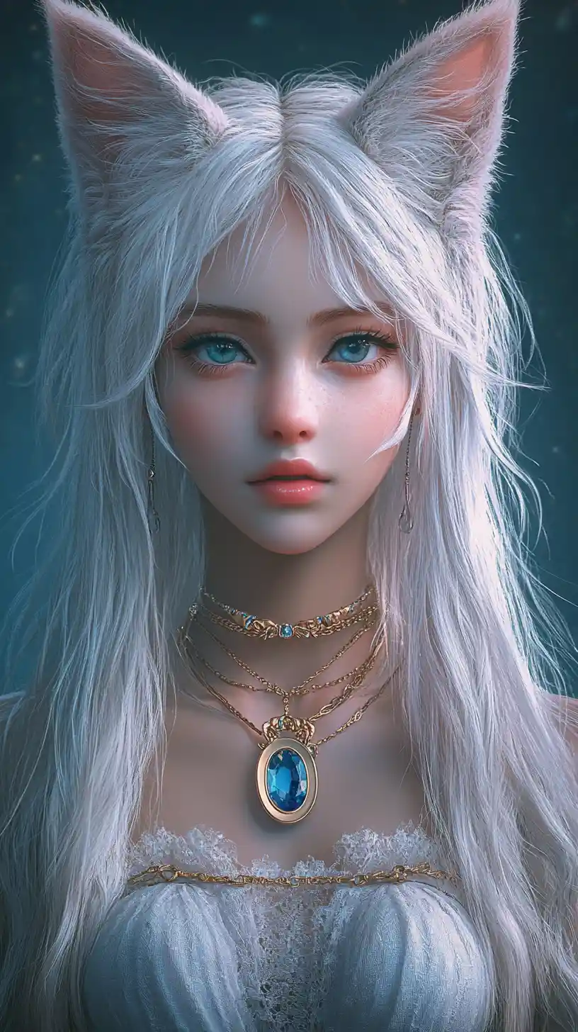 Fille d’anime aux cheveux blancs avec des oreilles de chat en portrait fantasy bleu