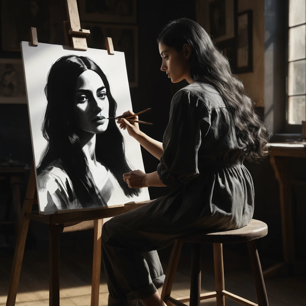 Woman sketching a female model in a dramatic art studio