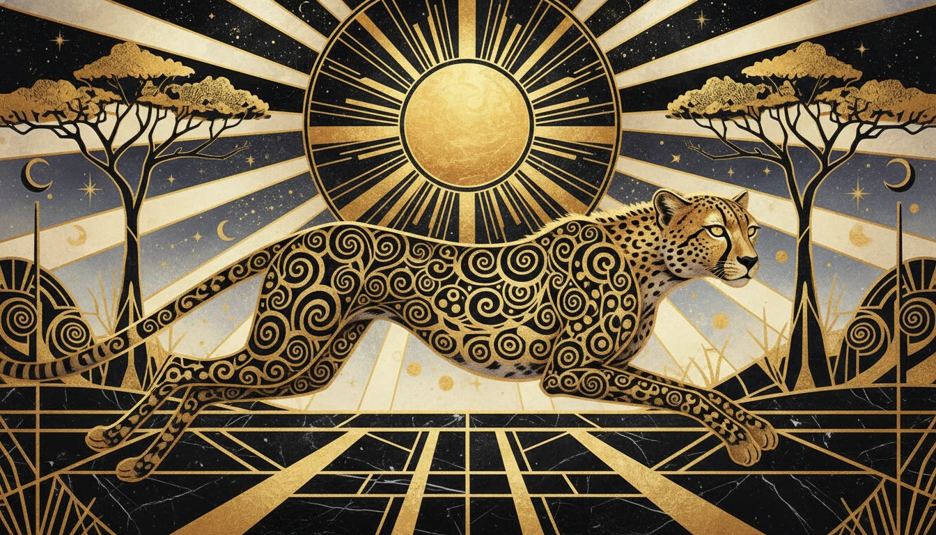 Art deco cheetah sprinting across a stylized golden savanna