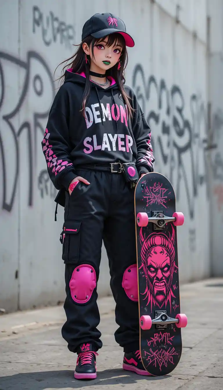 Stylish anime skater girl in pink and black streetwear