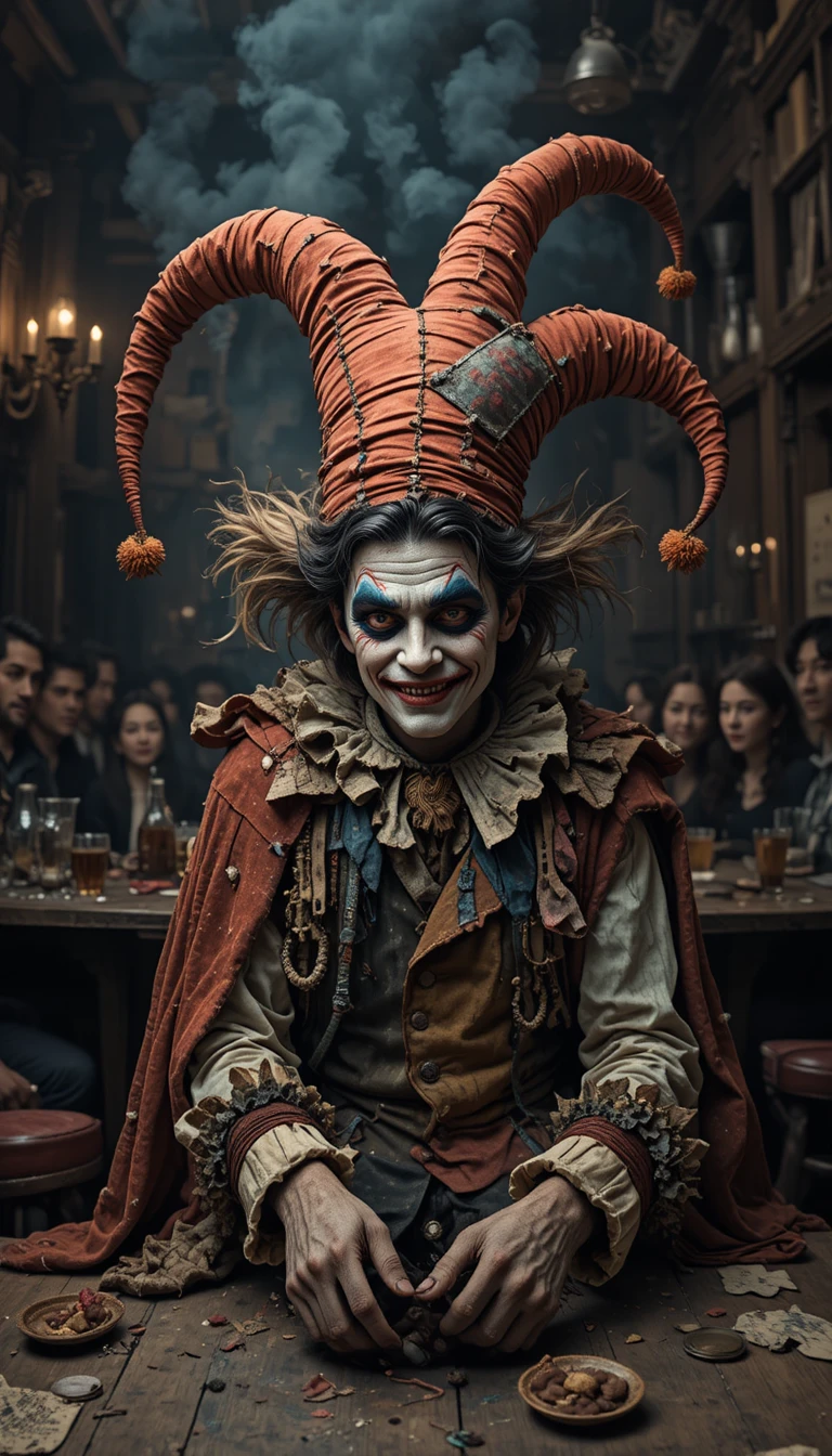Ragged medieval jester in a smoky tavern corner