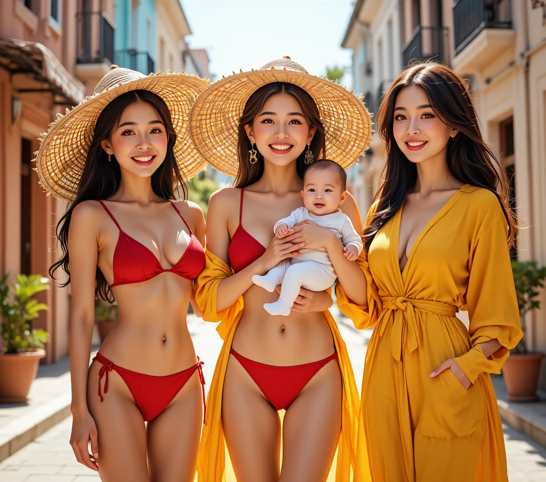Trois femmes asiatiques joyeuses avec un bébé dans une rue ensoleillée
