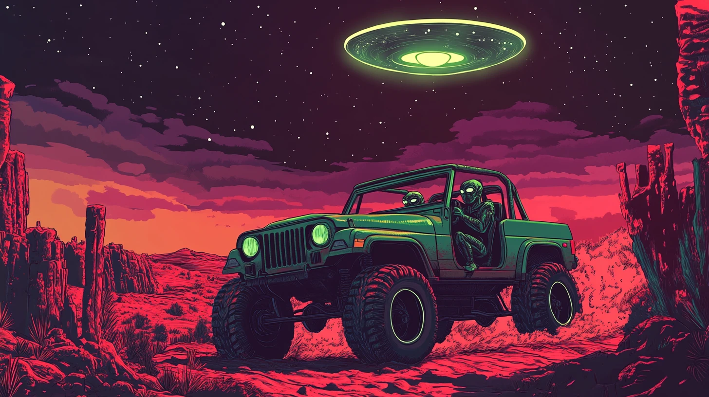 Neon green alien driving a lifted jeep in desert night