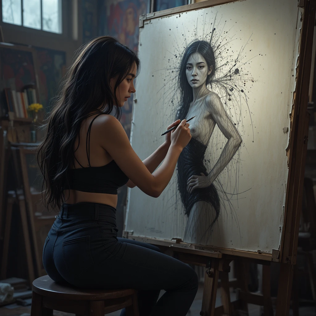 Frau skizziert ein weibliches Modell in einem stimmungsvollen Kunststudio