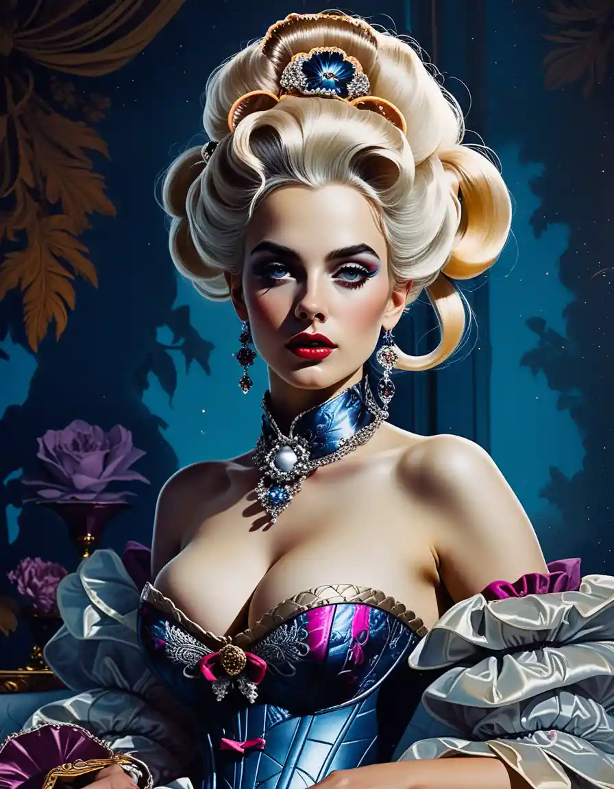 Fantasie-Kurtisane im Rokoko-Korsett in opulentem Boudoir