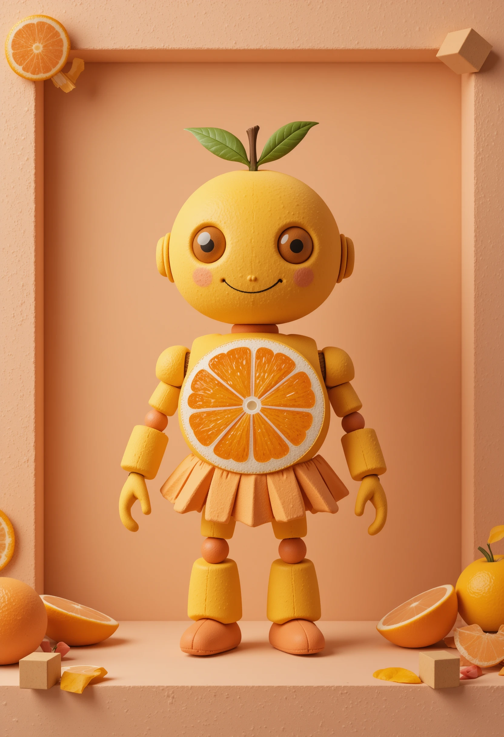 Cheerful citrus plush character on soft peach background