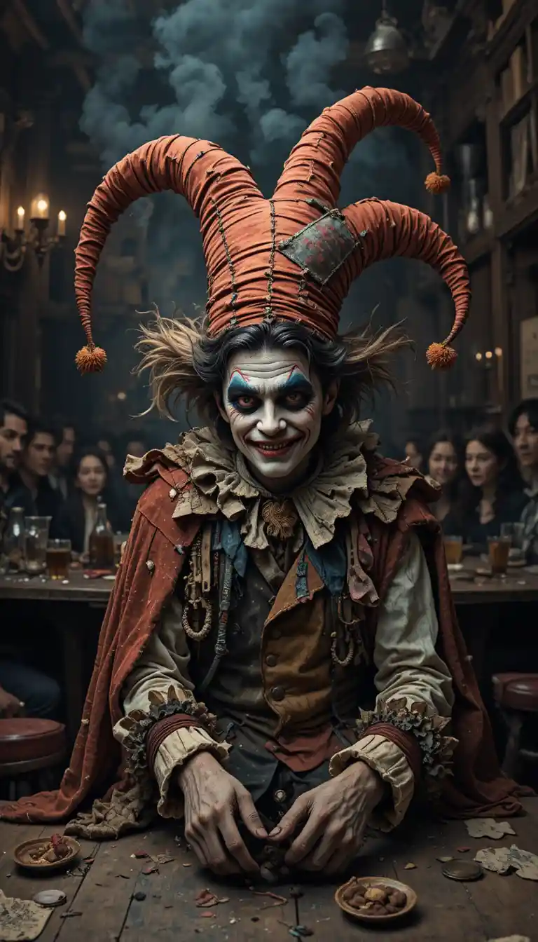 Ragged medieval jester in a smoky tavern corner