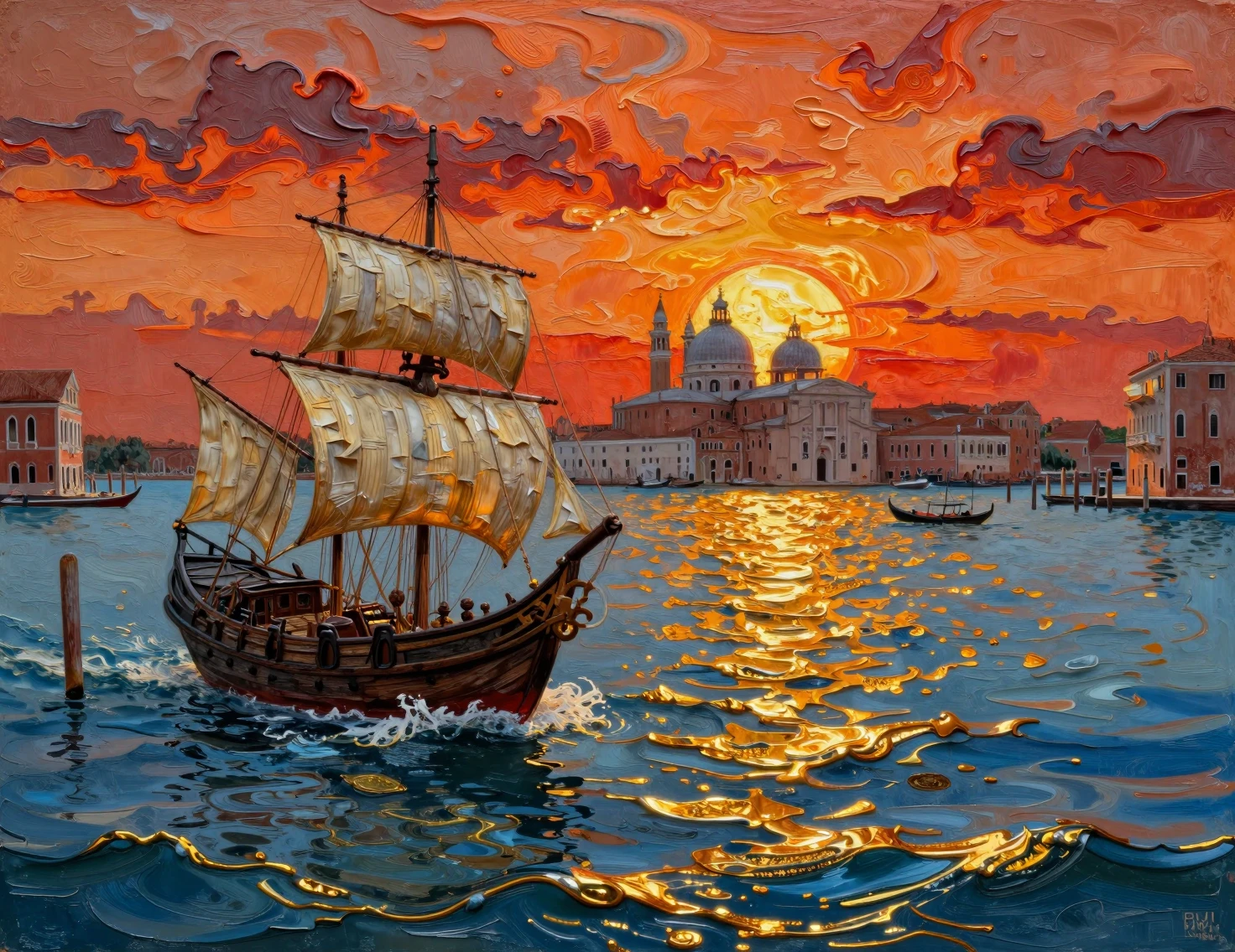 Venetian harbor sailboats under a molten wax sunset sky