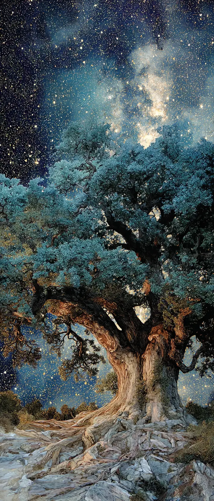 Surreal Oak Tree Merging With Cosmic Human Heart Veins
