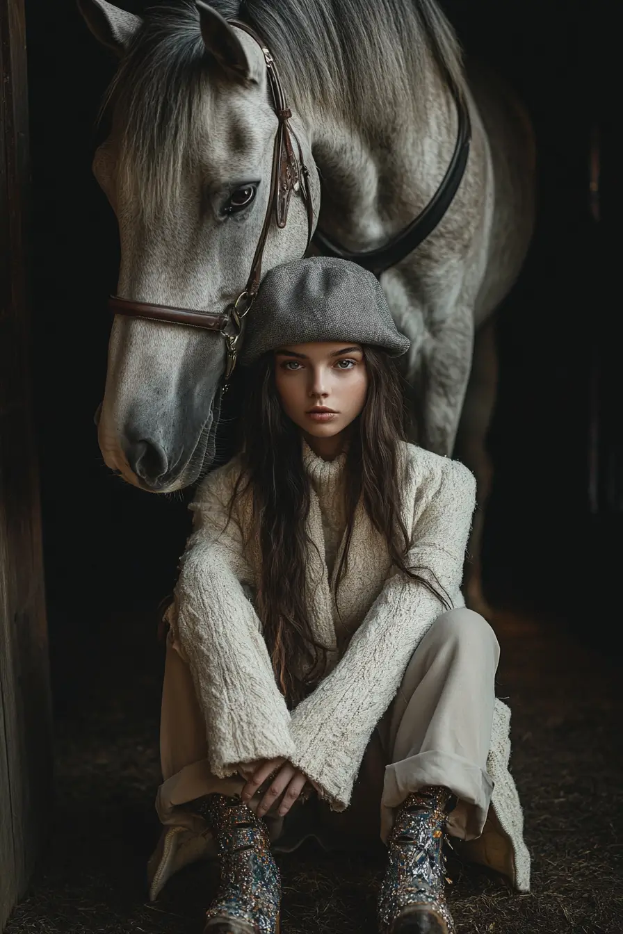Giovane donna seduta con un cavallo in una scena drammatica di scuderia