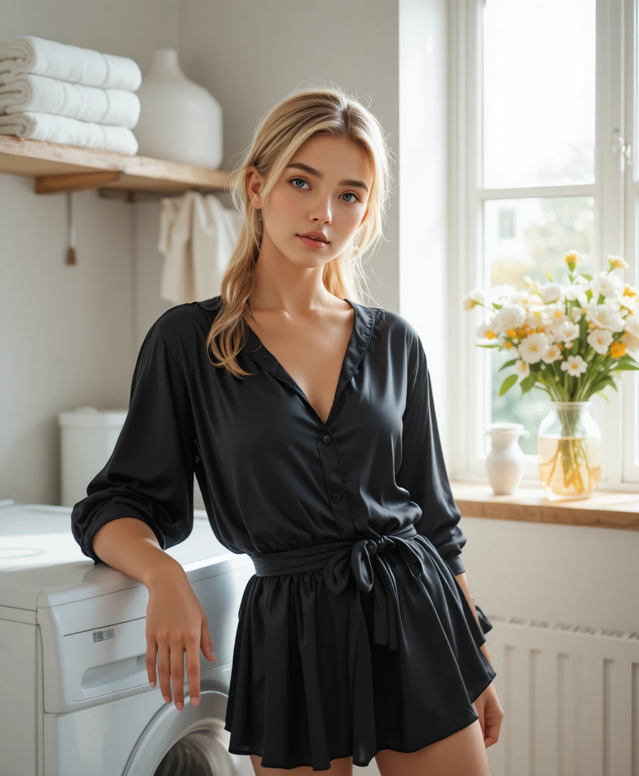Young blonde woman in satin blouse in modern laundry room