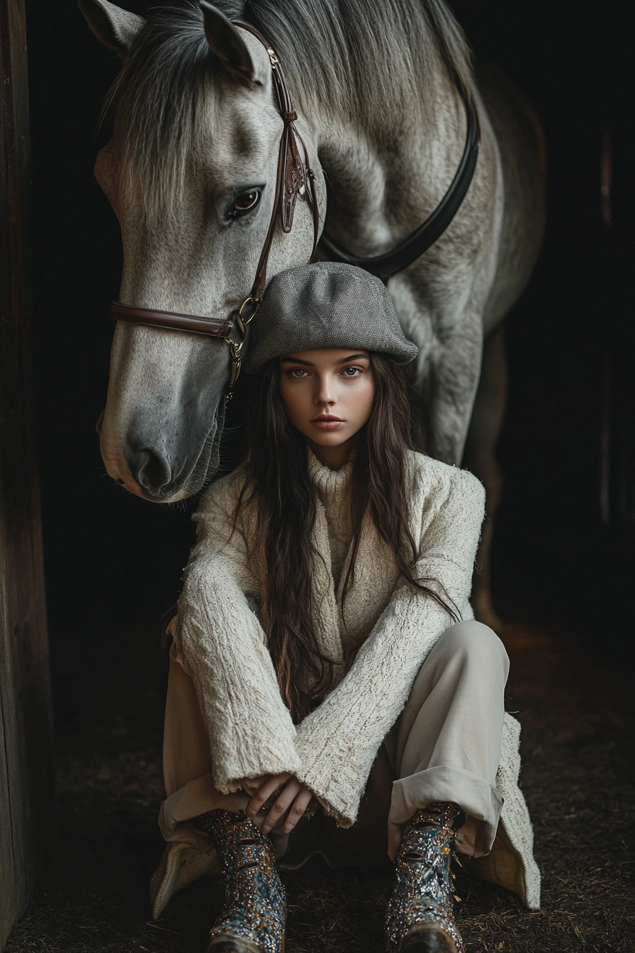 Giovane donna seduta con un cavallo in una scena drammatica di scuderia