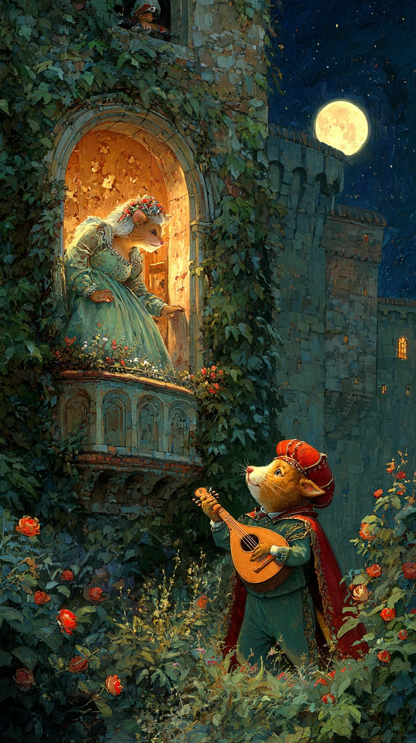 Escena romántica de gato como Romeo y Julieta en un castillo a la luz de la luna